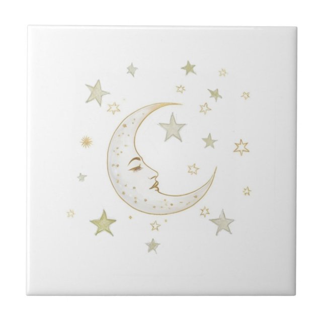Celestial Moon with Face & Stars Gold Silver White Fliese (Vorderseite)