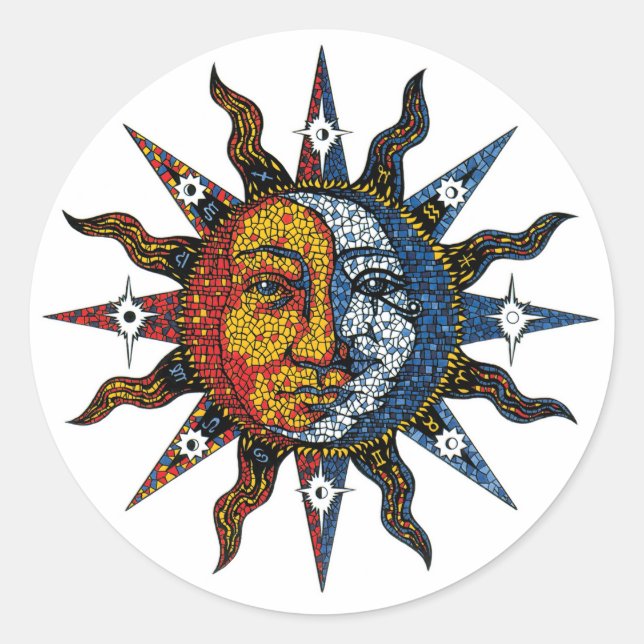 Celestial Mosaic Sun und Moon Runder Aufkleber (Vorderseite)