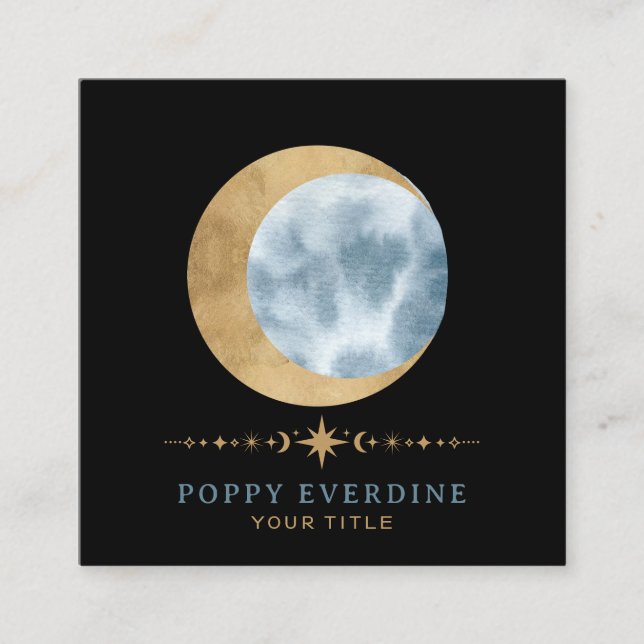 Celestial Mystic Moon Blue Gold Quadratische Visitenkarte (Vorderseite)