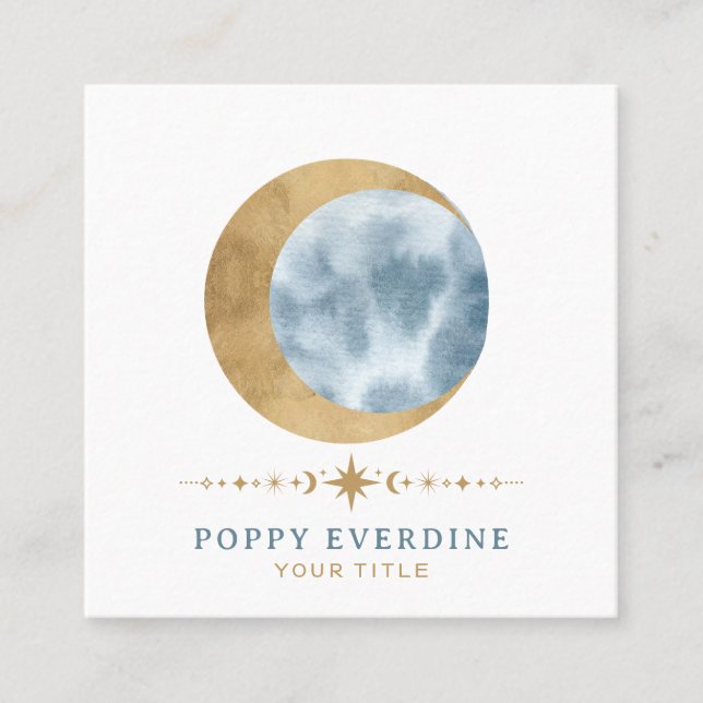 Celestial Mystic Moon Blue Gold Quadratische Visitenkarte (Vorderseite)