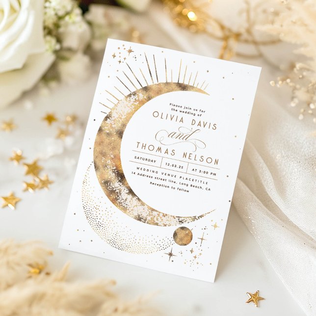 Celestial Mystical Moon Starry Night Boho Wedding Einladung (Celestial Stars Moon White Wedding Invitations)