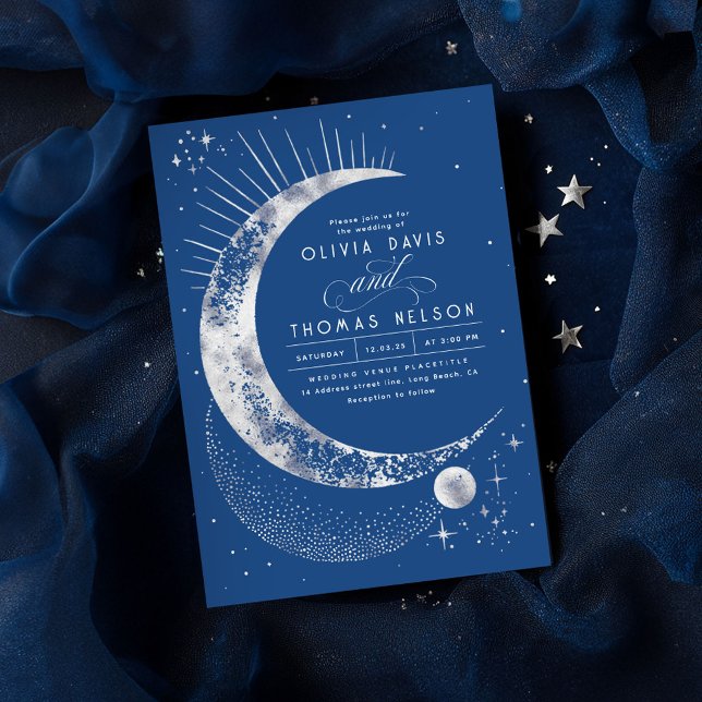 Celestial Mystical Moon Starry Night Boho Wedding Einladung (Navy Blue and Silver Celestial Wedding Invitations)