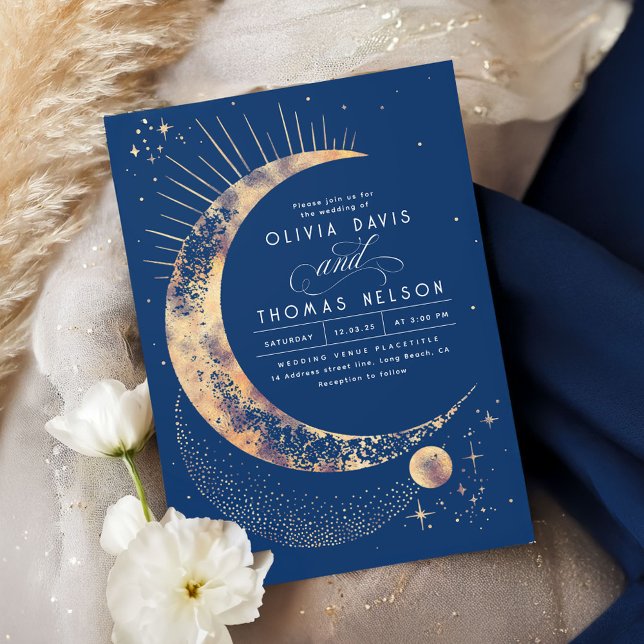 Celestial Mystical Moon Starry Night Boho Wedding Einladung (Navy Blue and Gold Stars Wedding Invitation)
