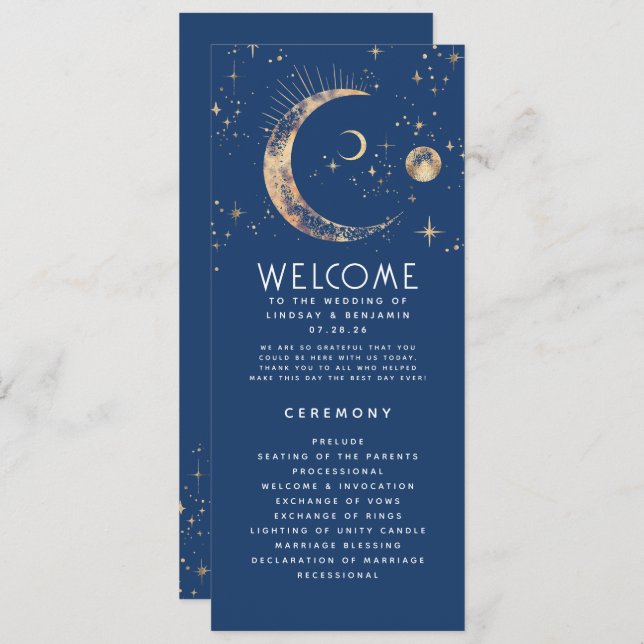 Celestial Navy Blue and Gold Hochzeitsprogramme Programm (Vorne/Hinten)