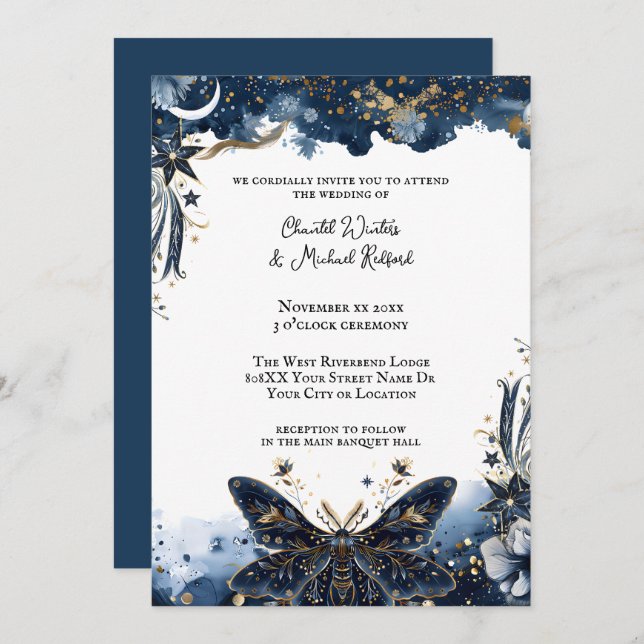 Celestial Navy Blue and Gold Moth Romantic Wedding Einladung (Vorne/Hinten)
