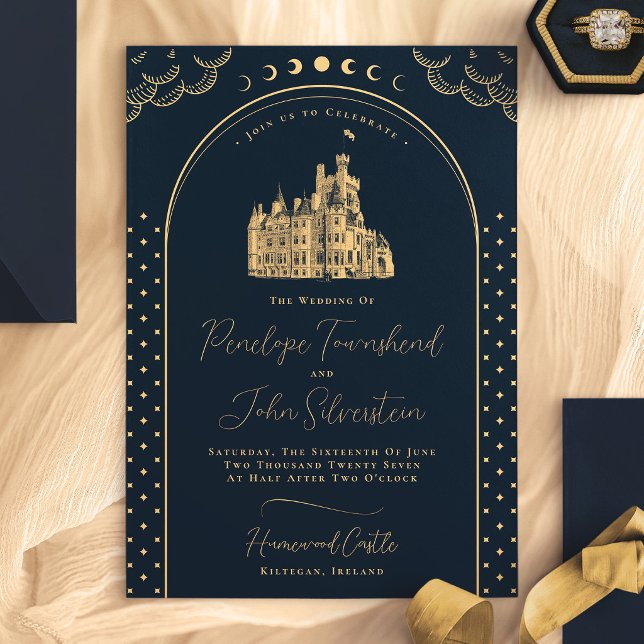 Celestial Navy Blue Gold Vintag Castle Wedding Einladung (Celestial Navy Blue Gold Vintage Castle Wedding Invitation)