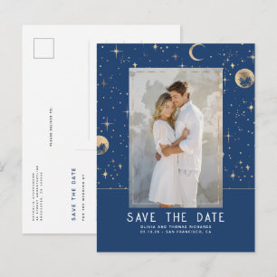 Celestial Navy Blue und Gold Stars Save the Date Ankündigungspostkarte