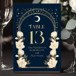 Celestial Navy Elegante Arch Art Nouveau Hochzeit Tischnummer<br><div class="desc">Steigern Sie Ihre Veranstaltung mit Eleganz! Diese Art Nouveau Tischkarten sind mit goldenen Gewölben, glänzenden Stars und zarten weißen Blume Set vor einem marineblauen Hintergrund ausgestattet - ein zeitloses Design für Hochzeiten, Abendessen oder Feiern. Fügen Sie Ihrer Tischdekoration heute eine Touch Vintagen Charmes hinzu! Bitte beachten Sie, dass das Gold...</div>