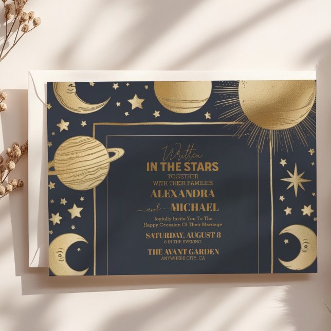 Celestial Navy Gold Crescent Moon Wedding Einladung (Von Creator hochgeladen)