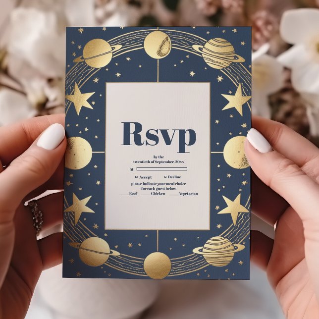 Celestial Navy Gold Crescent Moon Wedding RSVP Karte (Von Creator hochgeladen)