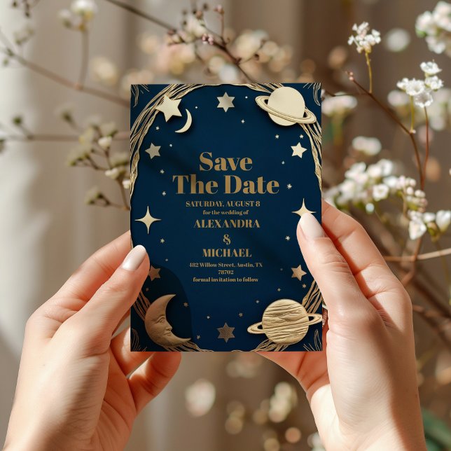 Celestial Navy Gold Crescent Moon Wedding Save The Date (Von Creator hochgeladen)