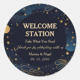 Celestial Navy Gold Wedding Welcome Station Runder Aufkleber