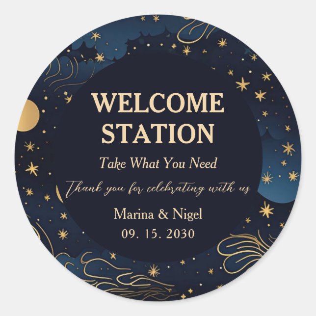 Celestial Navy Gold Wedding Welcome Station Runder Aufkleber (Vorderseite)