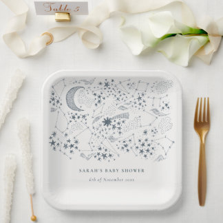 Celestial Navy Starry Night Moon Baby Shower Pappteller