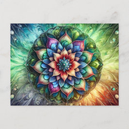 Celestial Neon Mandala mit lebendiger Abstrakter Postkarte