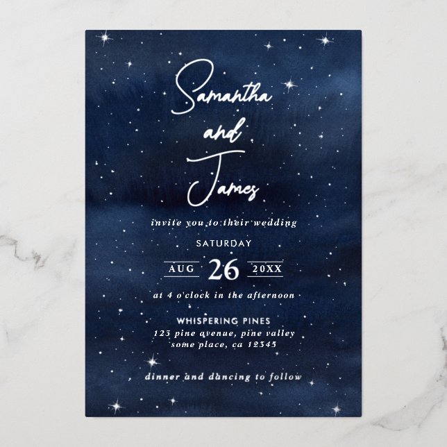 Celestial Night Sky Abend Wedding Blue & Silver Folieneinladung (Vorderseite)