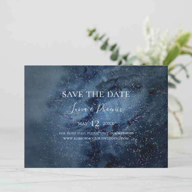 Celestial Night Sky | Horizontal silber Save The Date (Stehend Vorderseite)