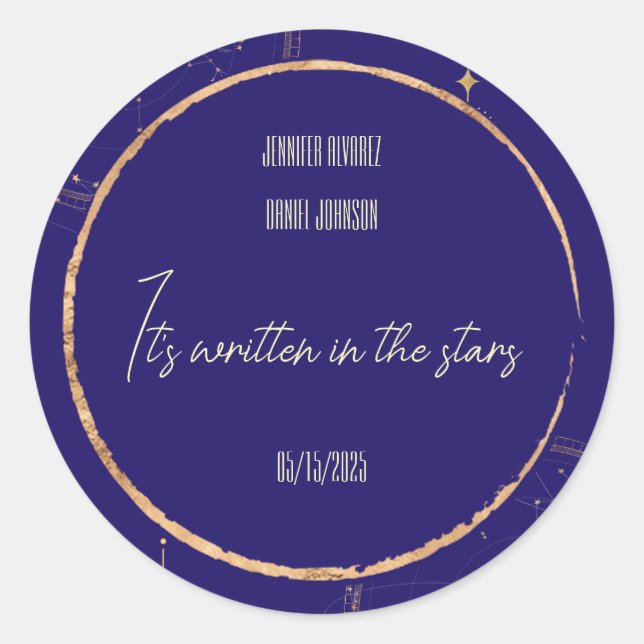 Celestial Night Sky Navy Blue and Gold Wedding Runder Aufkleber (Vorderseite)