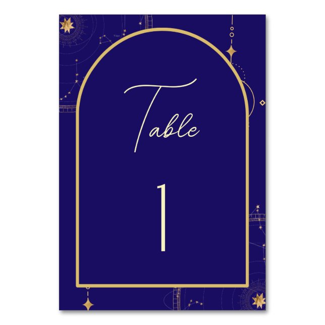 Celestial Night Sky Navy Blue and Gold Wedding Tischnummer (Vorderseite)