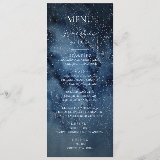 Celestial Night Sky | Silver Wedding Dinner Menu Menükarte (Vorderseite)