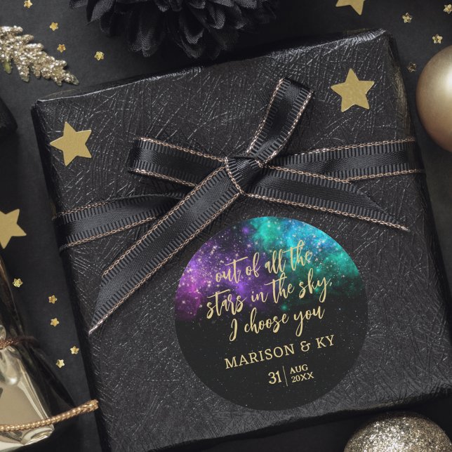 Celestial Night Sky Space Nebula Gold Star Hochzei Runder Aufkleber (Von Creator hochgeladen)