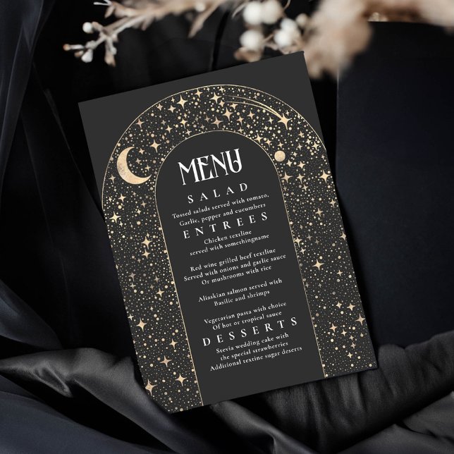 Celestial Night Sky Stars Arch Black Wedding Menu Einladung (Black Celestial Wedding Menu Cards)