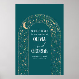 Celestial Night Stars Aquamarine Hochzeit Begrüßun Poster