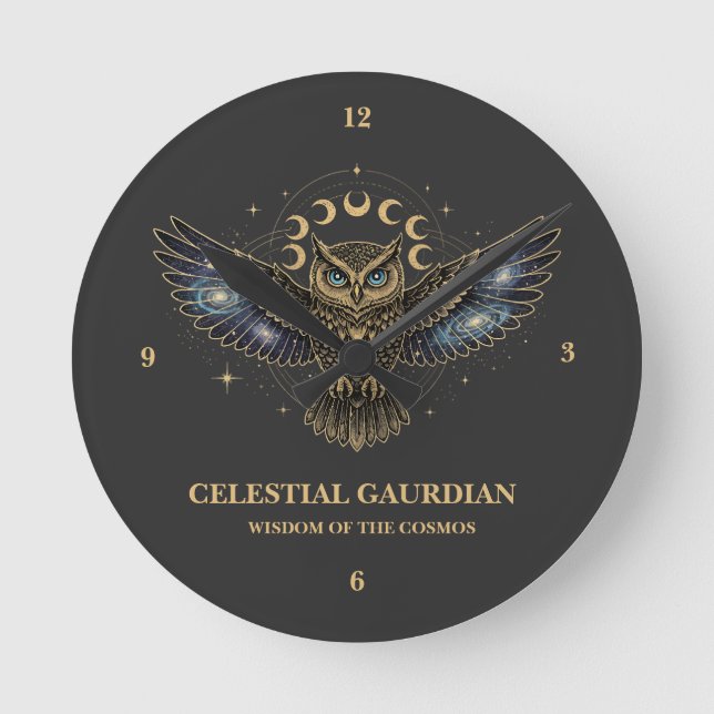 Celestial Owl Cosmic Guardian Runde Wanduhr (Vorderseite)
