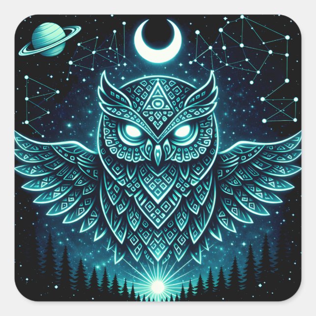 Celestial Owl – Cosmic Wisdom Wildlife Galaxy Quadratischer Aufkleber (Vorderseite)