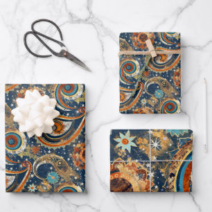 Celestial Paisley Pattern Navy Blue, Orange, Gold Geschenkpapier Set