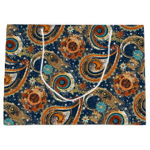 Celestial Paisley Pattern Navy Blue, Orange, Gold