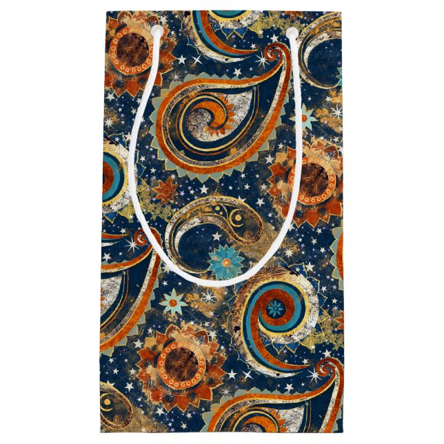 Celestial Paisley Pattern Navy Blue, Orange, Gold Kleine Geschenktüte (Vorderseite)