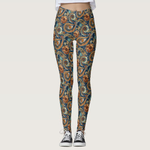 Celestial Paisley Pattern Navy Blue, Orange, Gold Leggings
