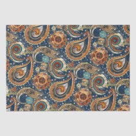 Celestial Paisley Pattern Navy Blue, Orange, Gold Seidenpapier