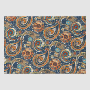 Celestial Paisley Pattern Navy Blue, Orange, Gold Seidenpapier