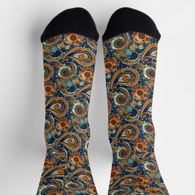 Celestial Paisley Pattern Navy Blue, Orange, Gold Socken (Oben)