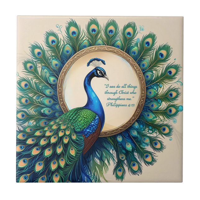 Celestial Peacock Bloom Bible Verse Fliese (Vorderseite)
