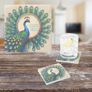 Celestial Peacock Bloom Bible Verse Steinuntersetzer