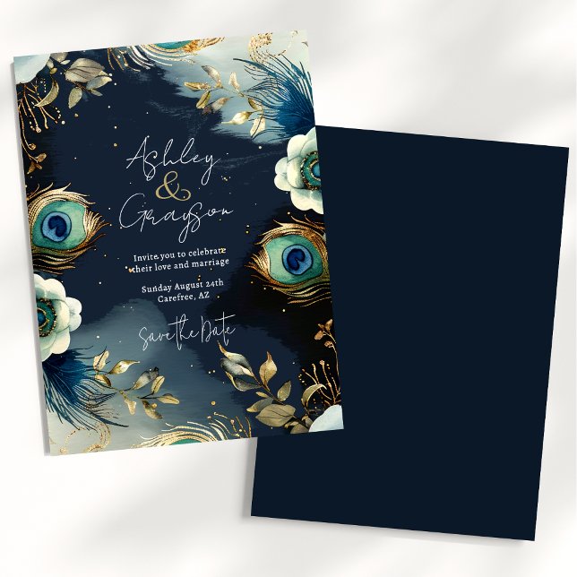 Celestial Peacock Feathers Elegante Hochzeit Save The Date (Von Creator hochgeladen)