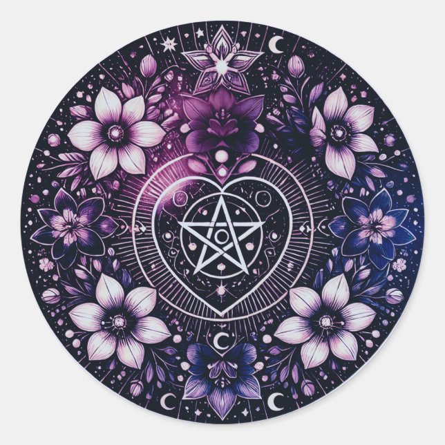 Celestial Pentagram Herzsticker mit Blume Runder Aufkleber (Vorderseite)