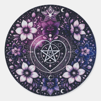 Celestial Pentagram Herzsticker mit Blume Runder Aufkleber