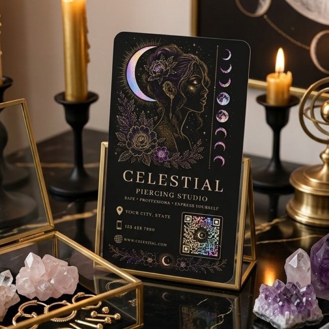 Celestial Piercing Studio Luxus Schwarz Gold QR  Visitenkarte (Von Creator hochgeladen)