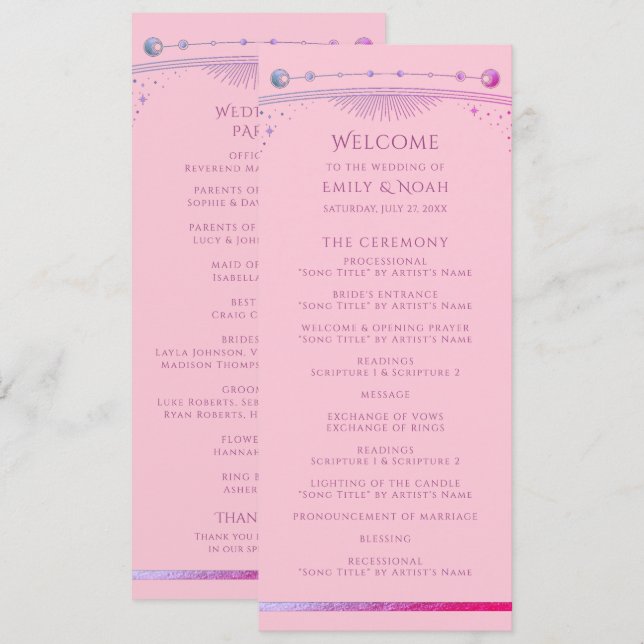Celestial Pink Lila Sun Moon Stars Hochzeit Programm (Vorne/Hinten)