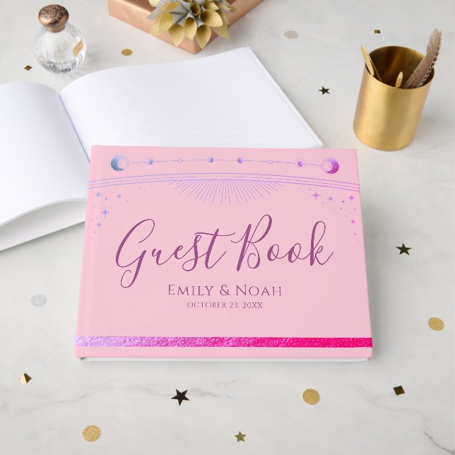 Celestial Pink Purple Sun Moon Stars Wedding  Gästebuch (Vorderseite Offen)