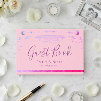 Celestial Pink Purple Sun Moon Stars Wedding  Gästebuch