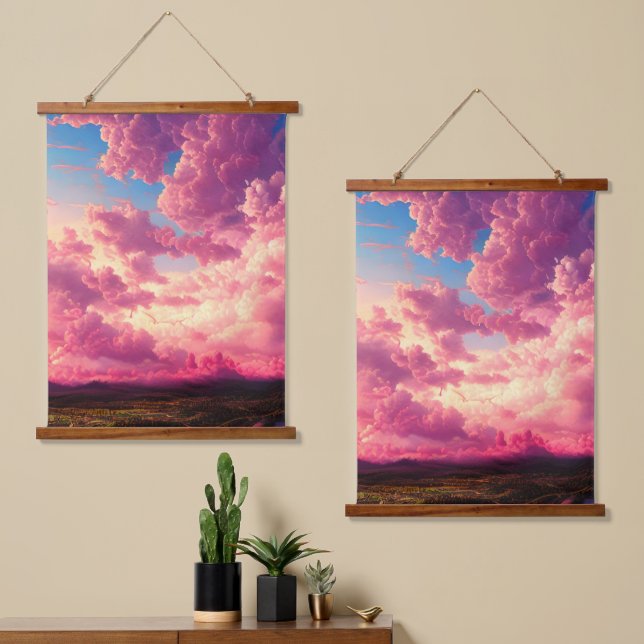 Celestial Pink Sky Wandteppich Mit Holzrahmen (Asymmetrisch)