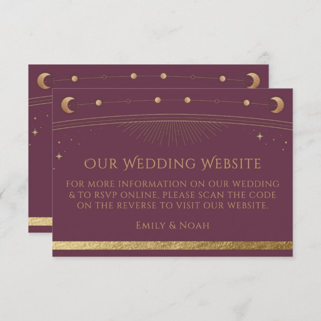 Celestial Plum Gold Wedding Website UAWG QR Code Begleitkarte (Vorne/Hinten)