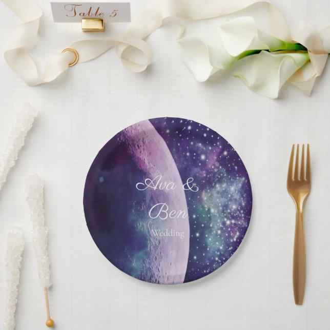 Celestial Purple Galaxy Moon Wedding  Pappteller (Hochzeit)