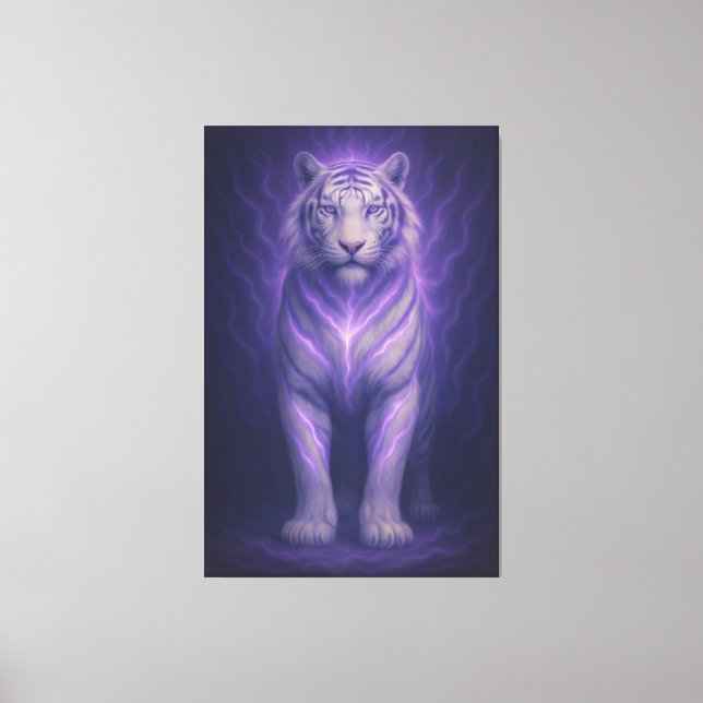 Celestial Purple White Tiger – Divine Aura Fantasy Leinwanddruck (Vorderseite)