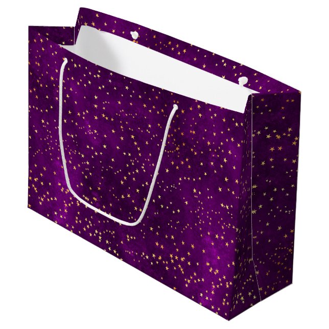 Celestial Purple & Yellow Starry Night Pattern Große Geschenktüte (Vorderseite Schrägansicht)